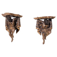Pair of antique Venetian polychrome Italian wall consoles