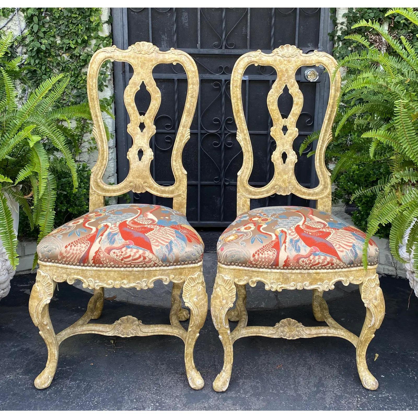 Italian Pair of Antique Venetian Side Chairs with Scalamandre Silk Lampas