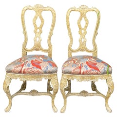 Pair of Antique Venetian Side Chairs with Scalamandre Silk Lampas