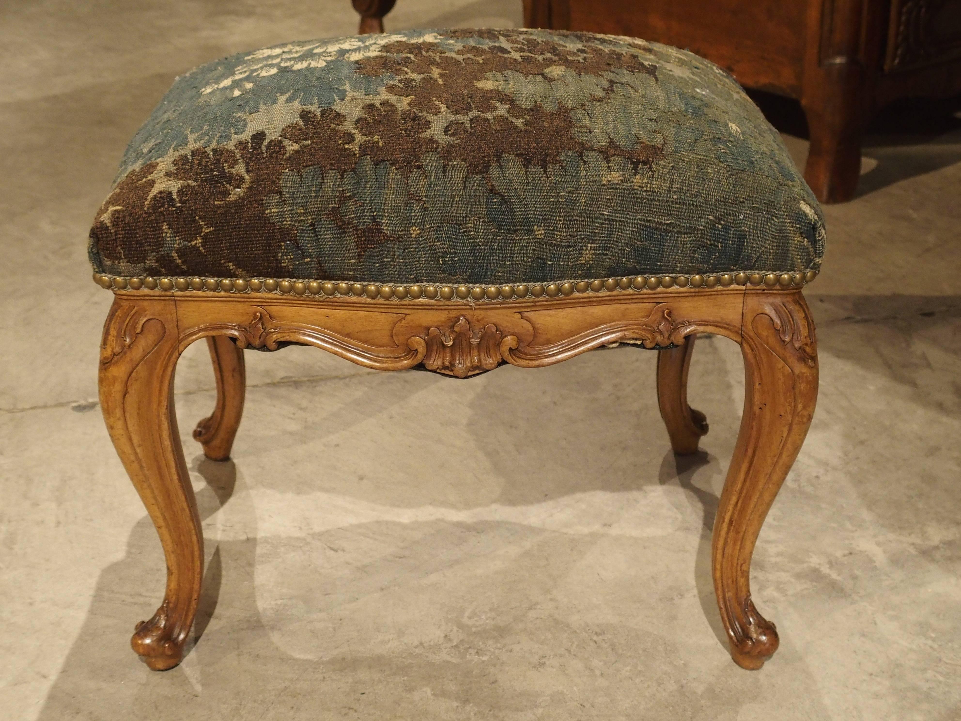 Italian Pair of Antique Venetian Walnut Wood Stools with French Aubusson Tapestry