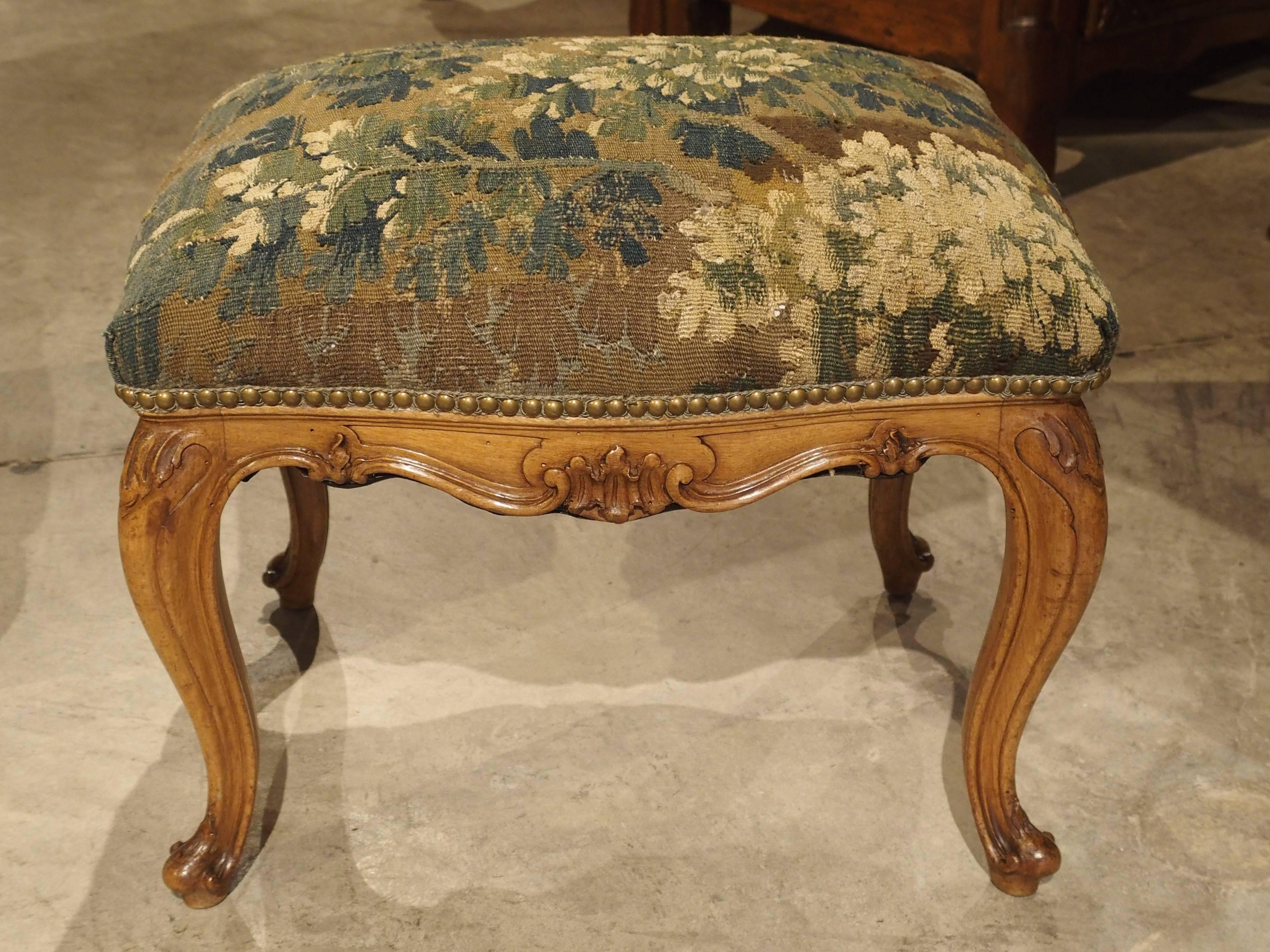 Pair of Antique Venetian Walnut Wood Stools with French Aubusson Tapestry 1