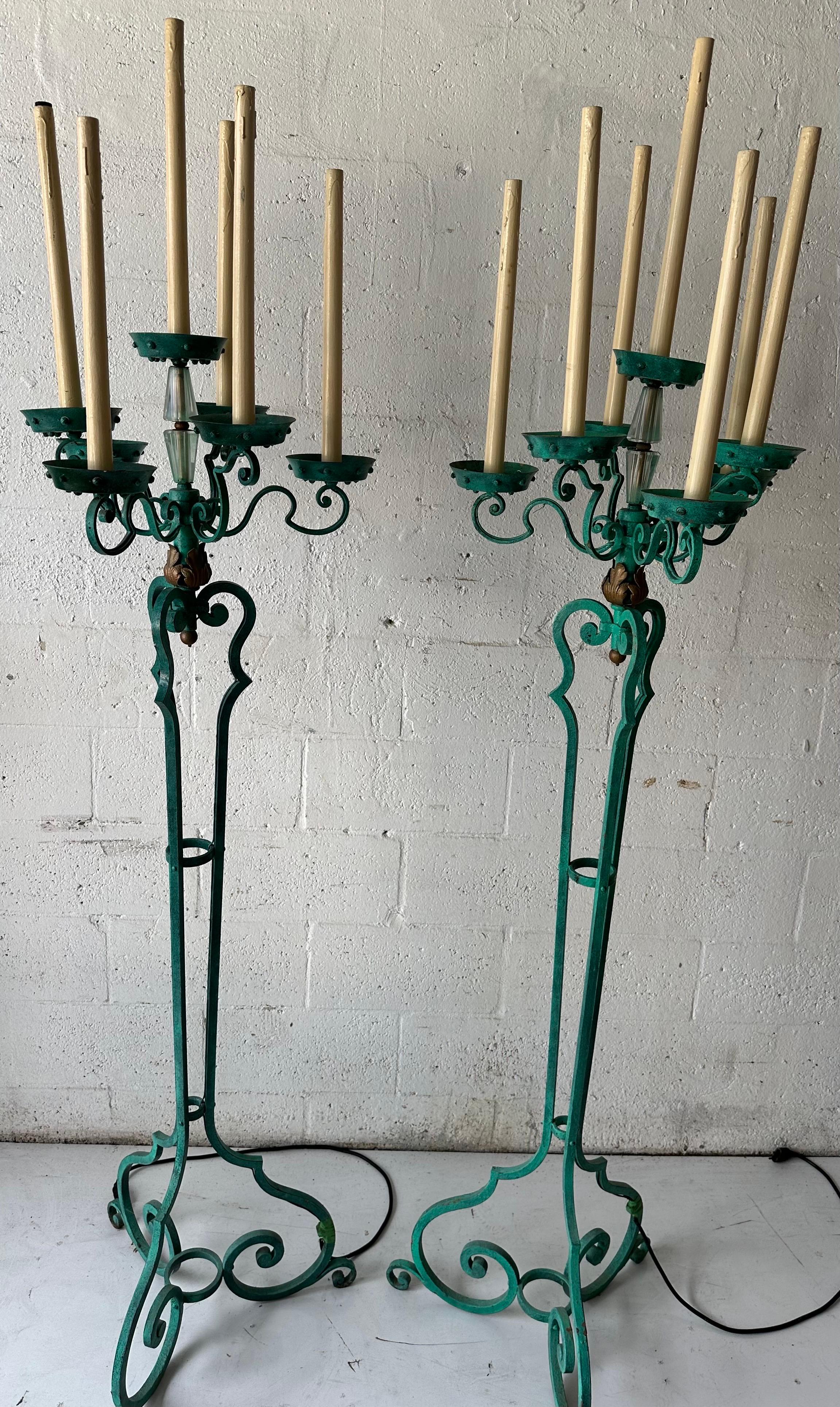 Pair Of  Antique Verde Maison Jansen Wrought Iron Floor Lamps For Sale 6
