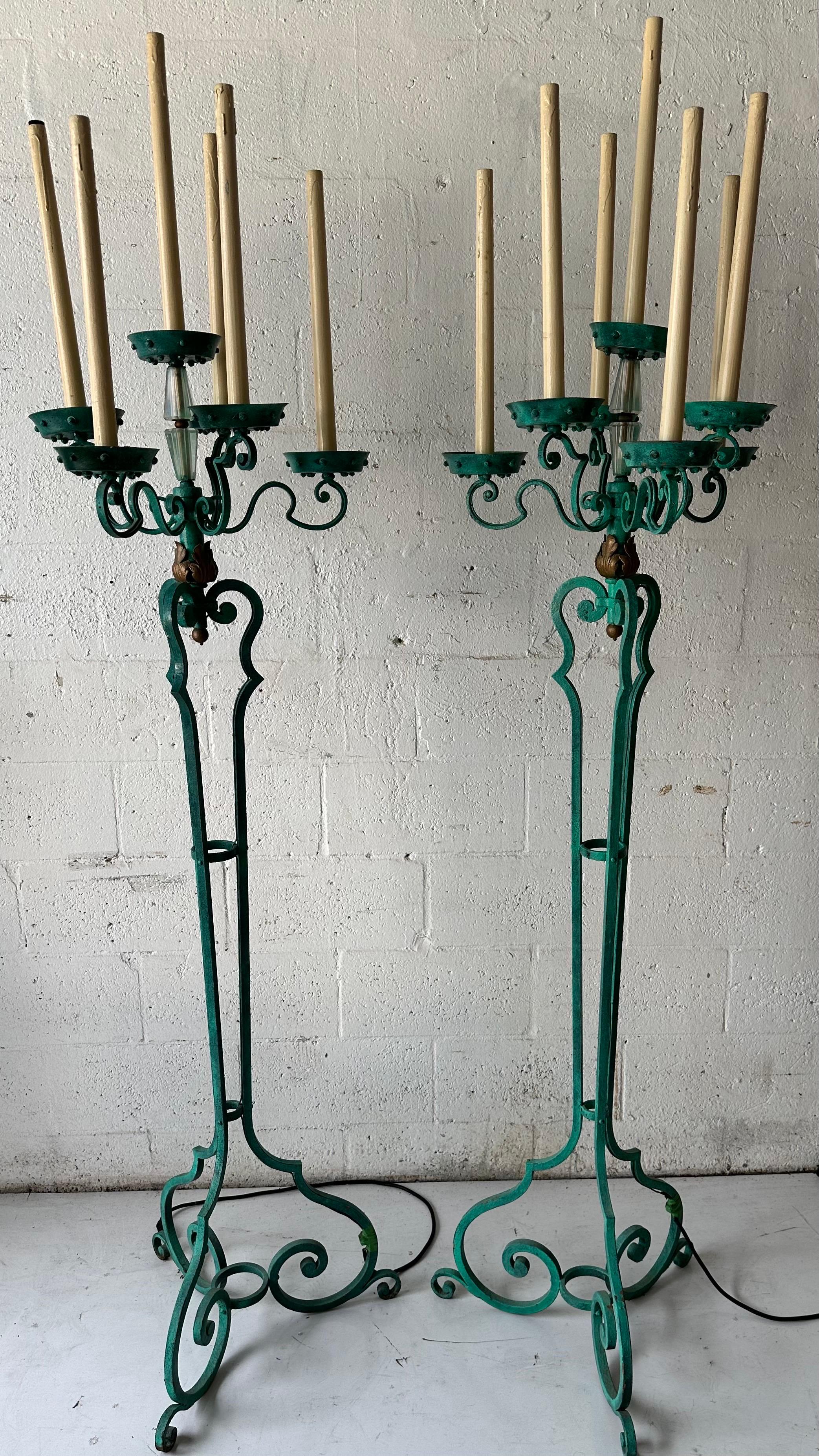 Pair Of  Antique Verde Maison Jansen Wrought Iron Floor Lamps For Sale 7