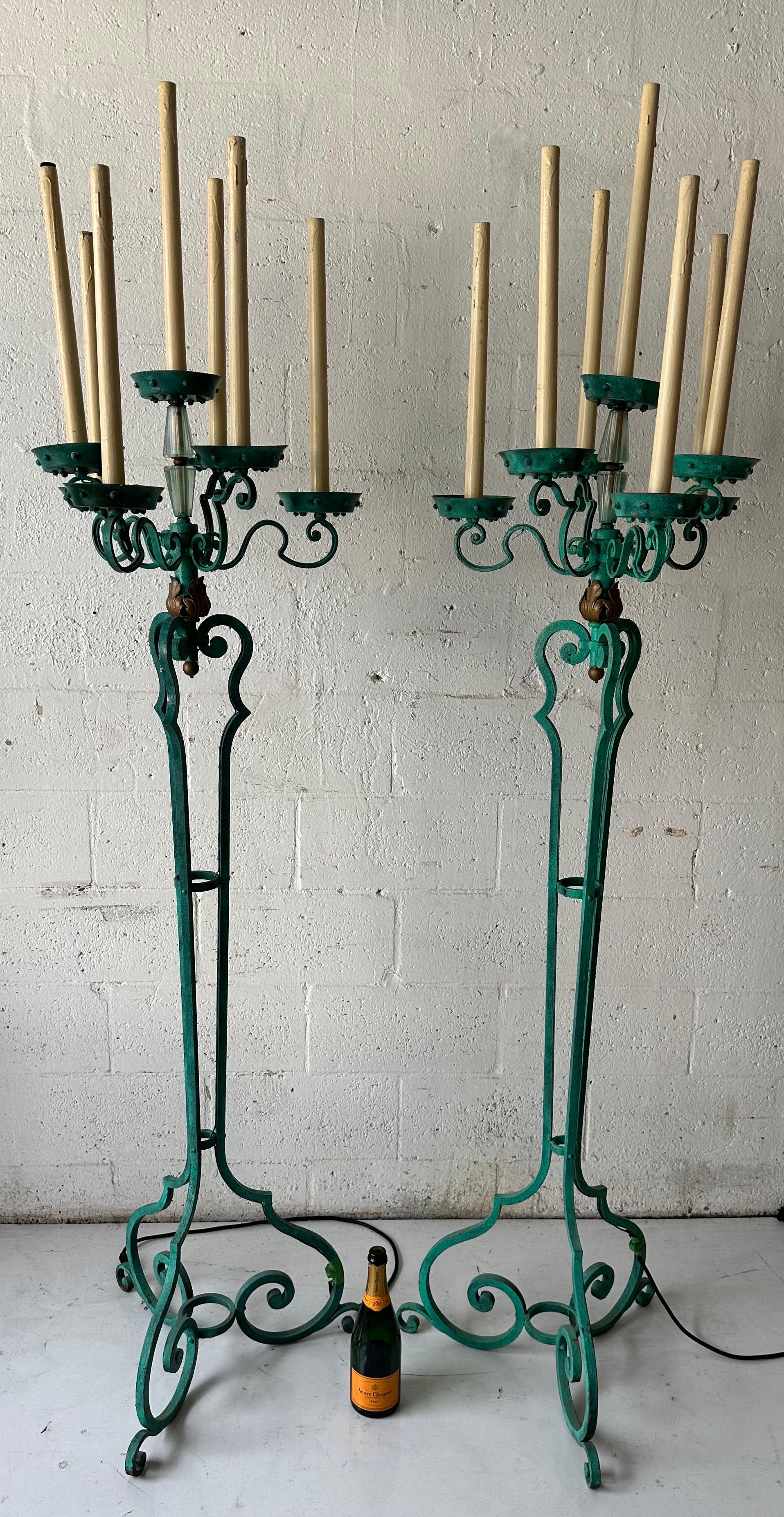 Pair Of  Antique Verde Maison Jansen Wrought Iron Floor Lamps For Sale 8