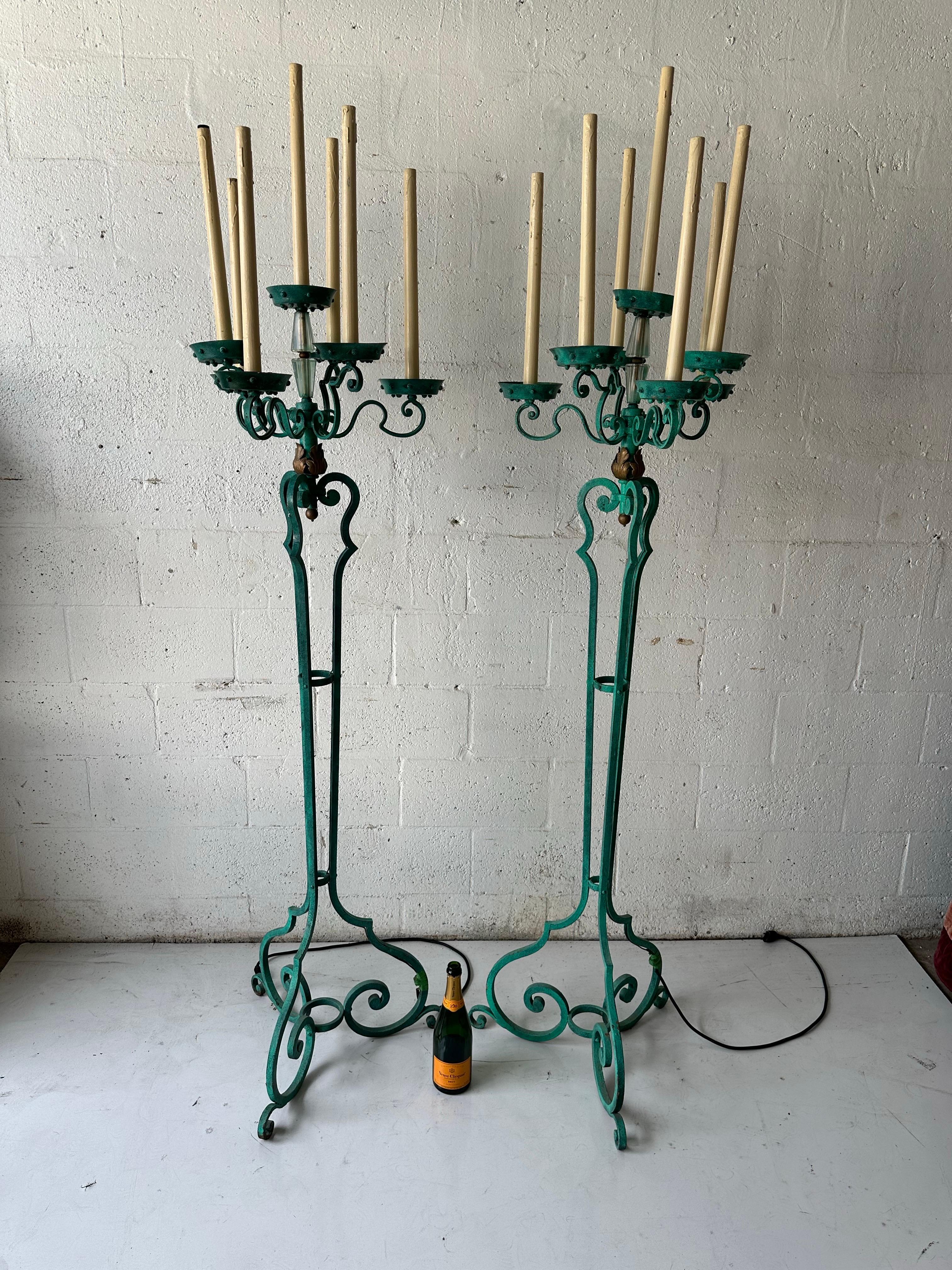Pair Of  Antique Verde Maison Jansen Wrought Iron Floor Lamps For Sale 9