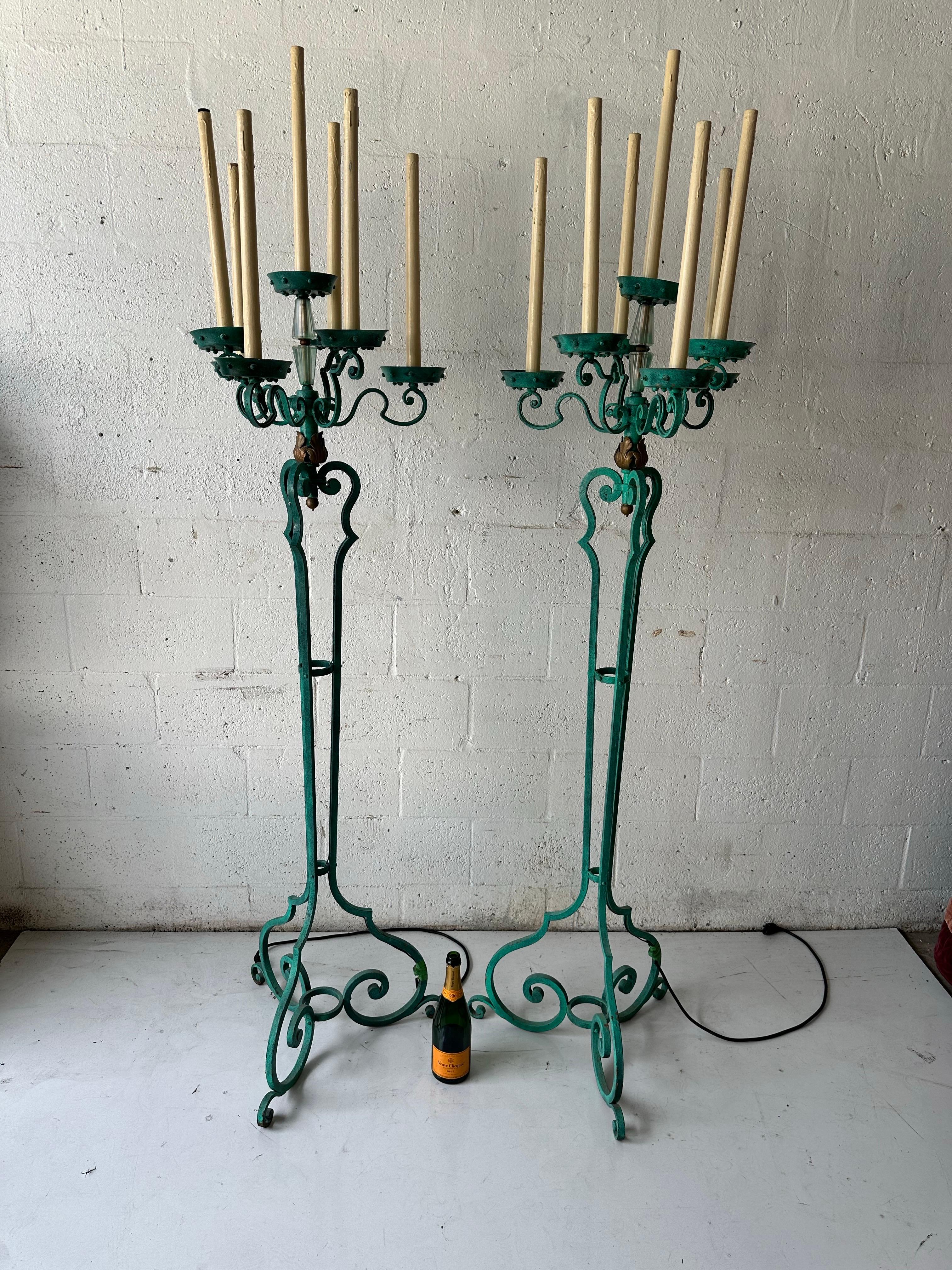 Pair Of  Antique Verde Maison Jansen Wrought Iron Floor Lamps For Sale 10