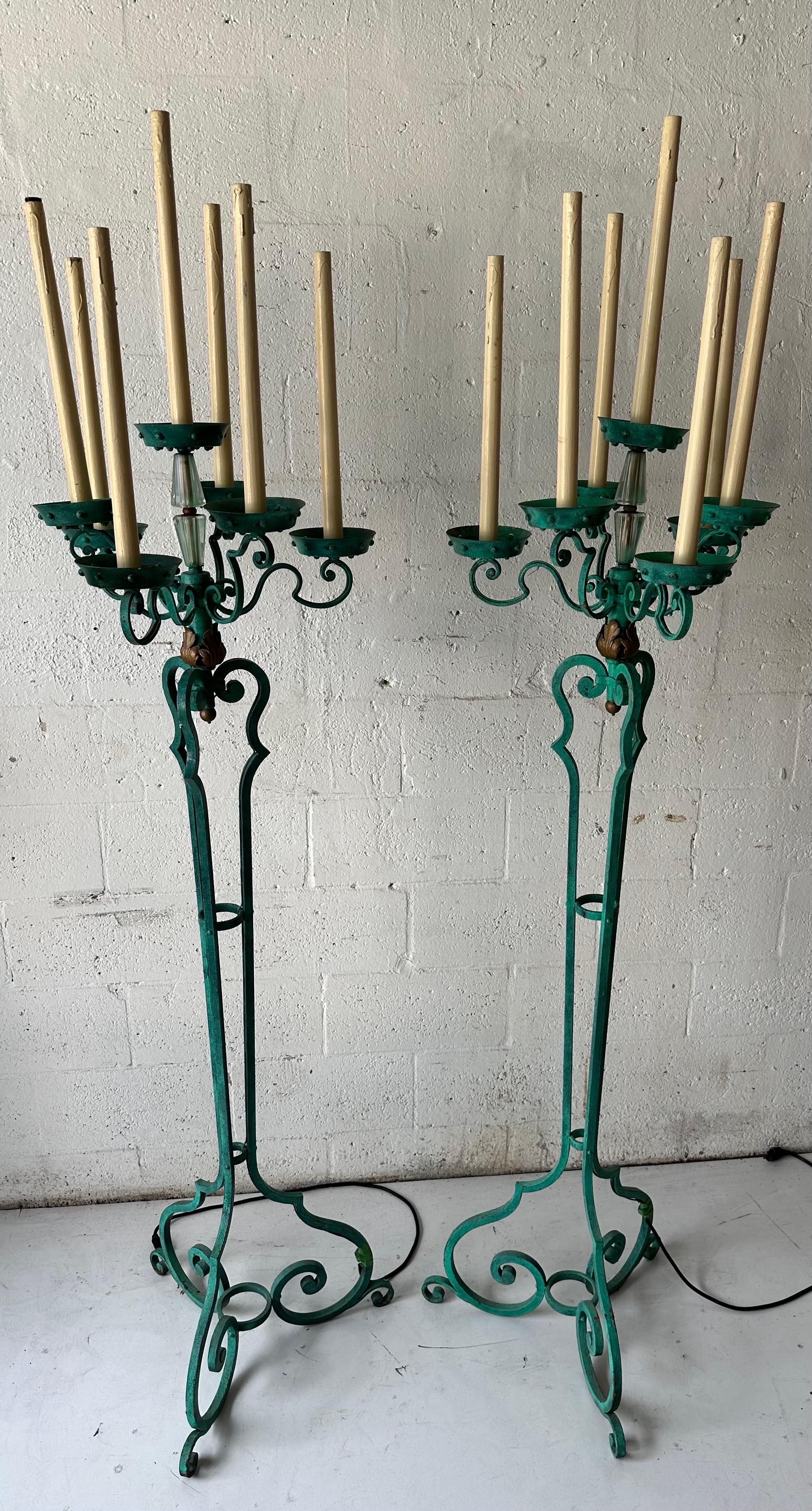 Pair Of  Antique Verde Maison Jansen Wrought Iron Floor Lamps In Fair Condition For Sale In Miami, FL