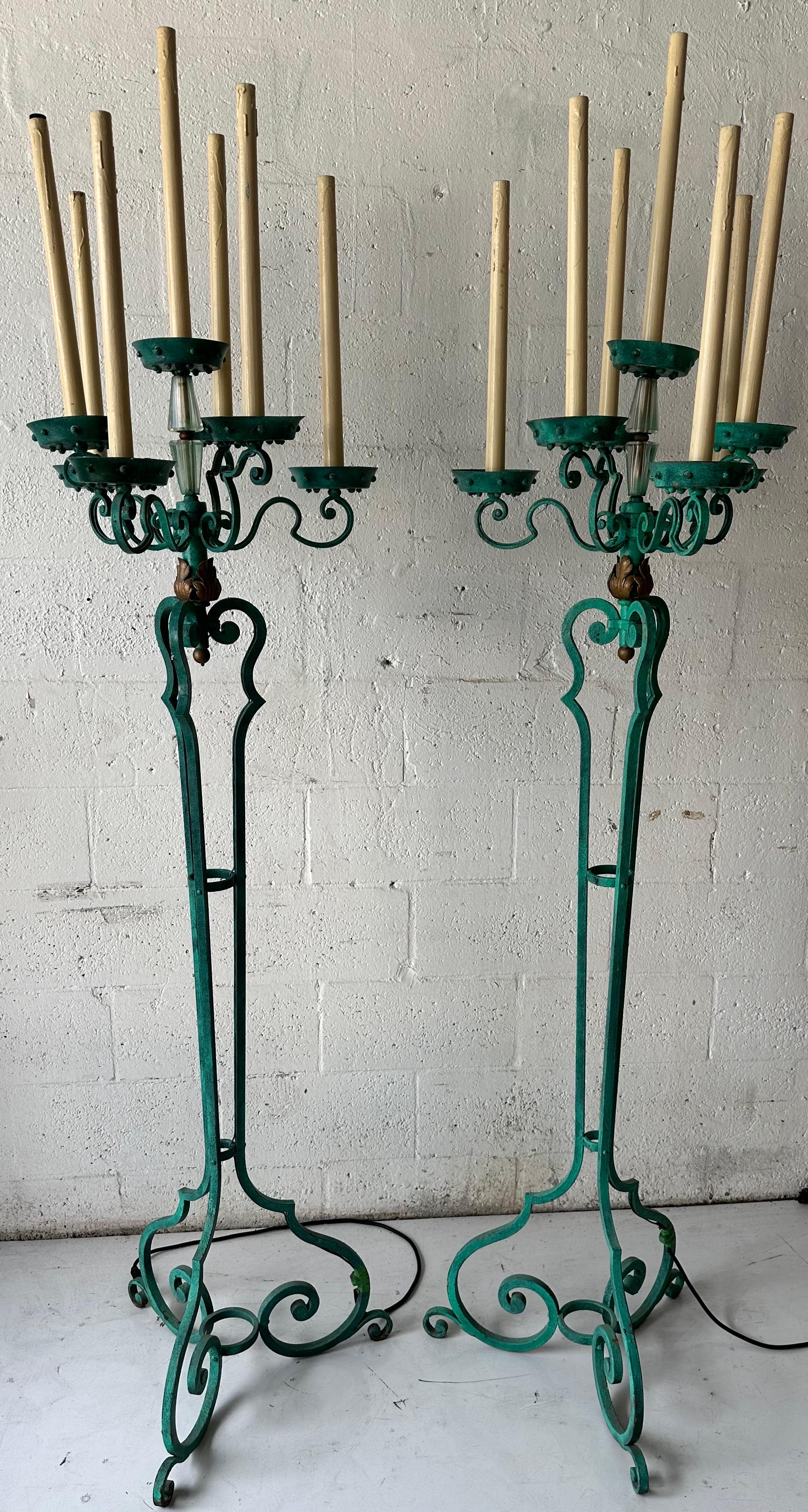 Mid-20th Century Pair Of  Antique Verde Maison Jansen Wrought Iron Floor Lamps For Sale