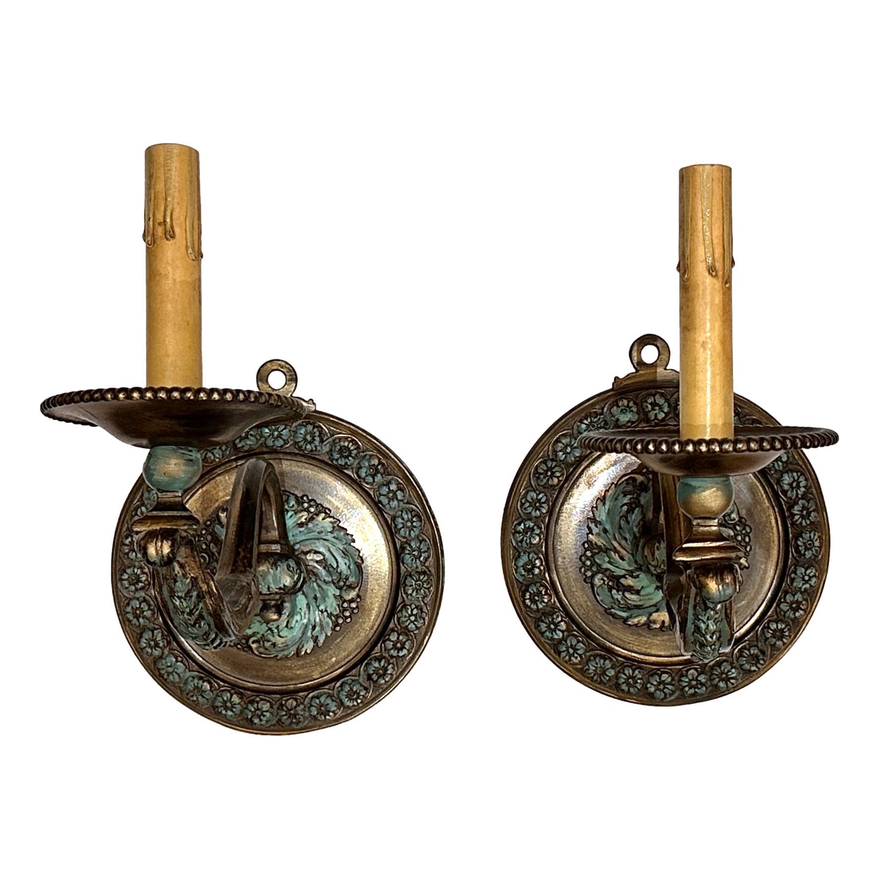Italian Pair of Antique Verdigris Bronze Sconces For Sale