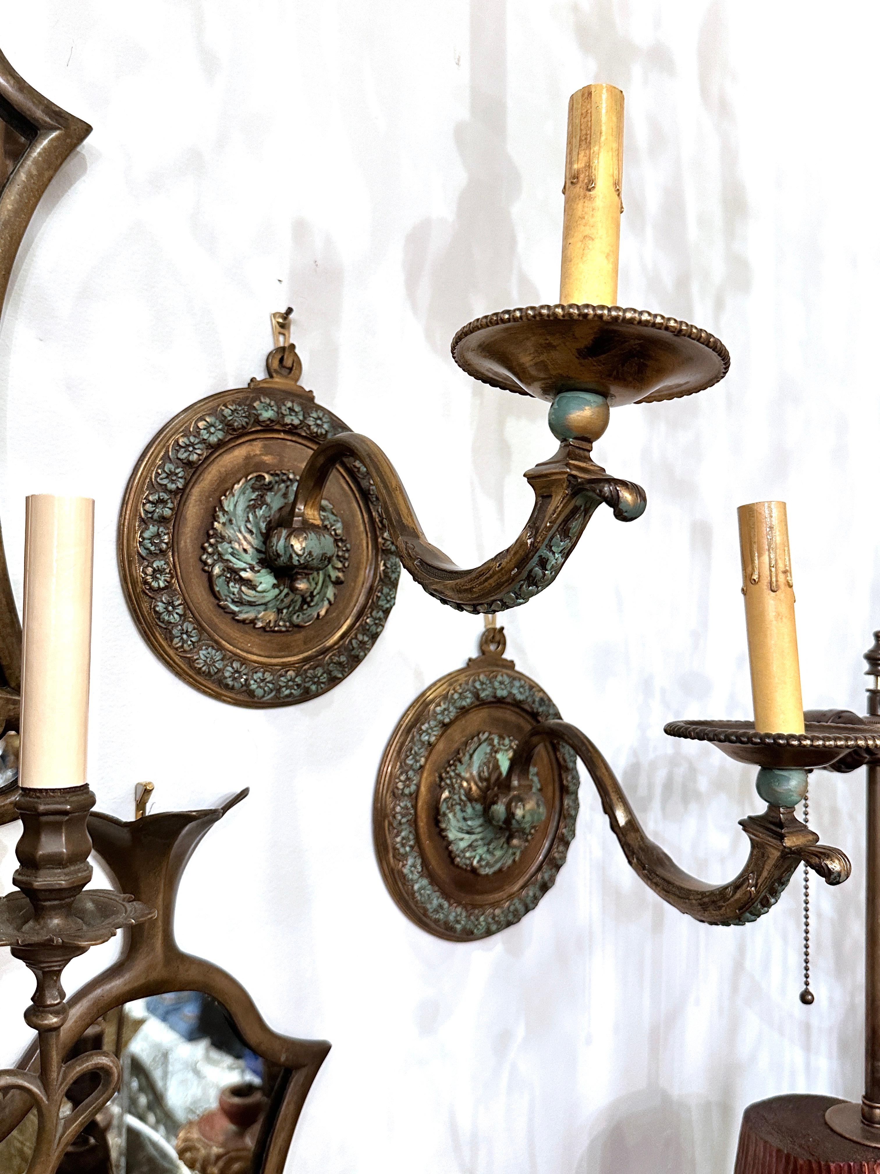 Pair of Antique Verdigris Bronze Sconces For Sale 3