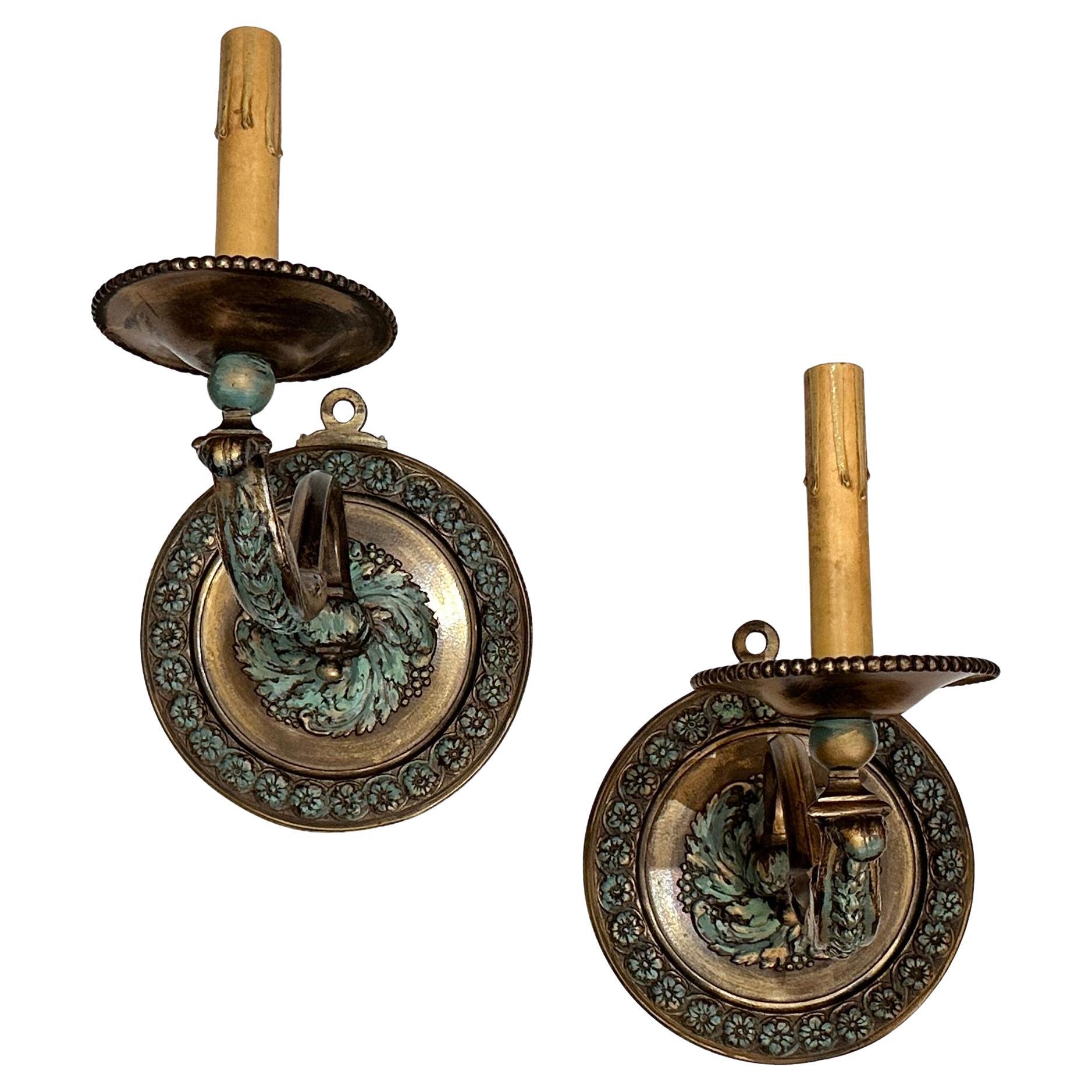 Pair of Antique Verdigris Bronze Sconces For Sale