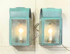 Pair of Antique Verdigris Copper Wall Lanterns – Converted & Electrified