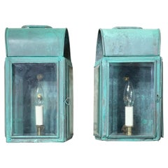 Pair of Antique Verdigris Copper Wall Lanterns – Converted & Electrified