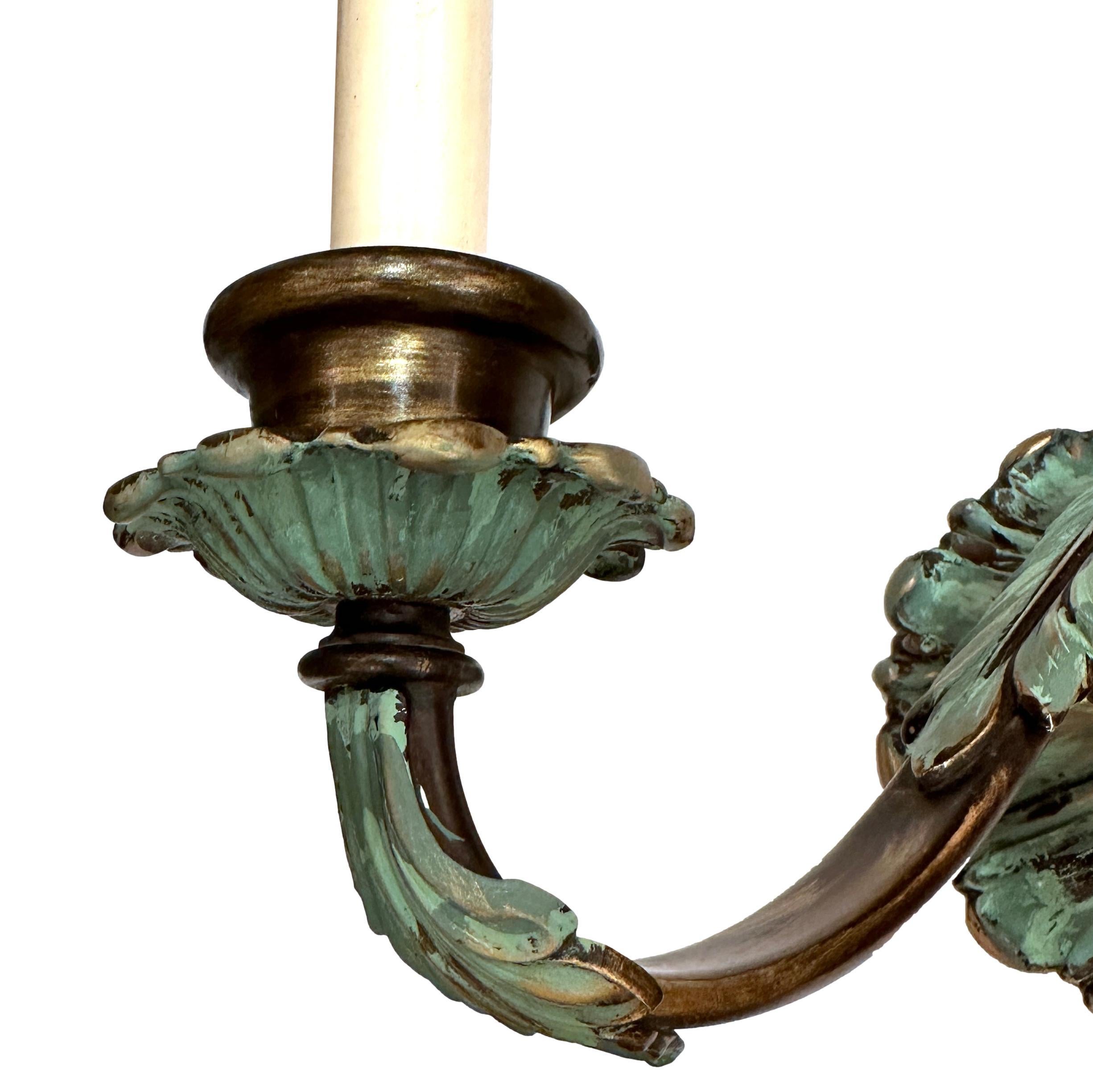 French Pair of Antique Verdigris Sconces For Sale