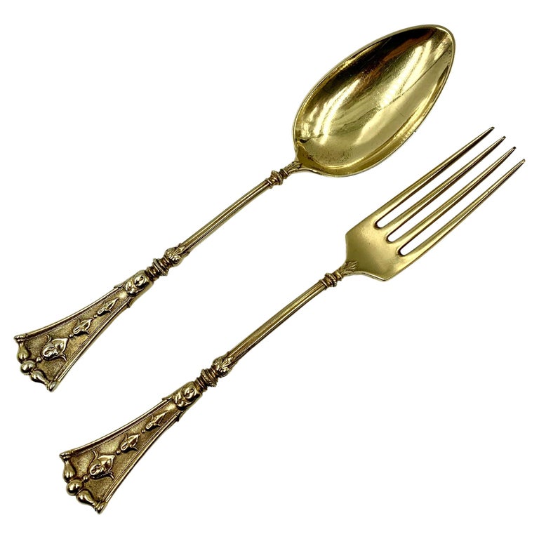 Pair of Antique Vermeil Silver Serving Pieces, Salad/Serving Set, circa