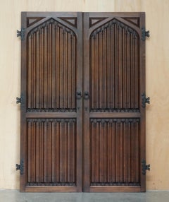 PAIR OF ANTIQUE VICTORIAN 1850 OAK & IRON JACOBEAN REVIVAL CARVED PANELLED DOORs