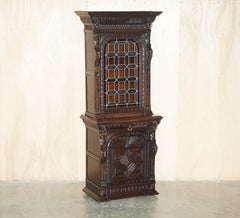 PAIR OF ANTiQUE VICTORIAN JACOBEAN GOTHIC REVIVAL STAINED GLASS BOOKCASES, 1860