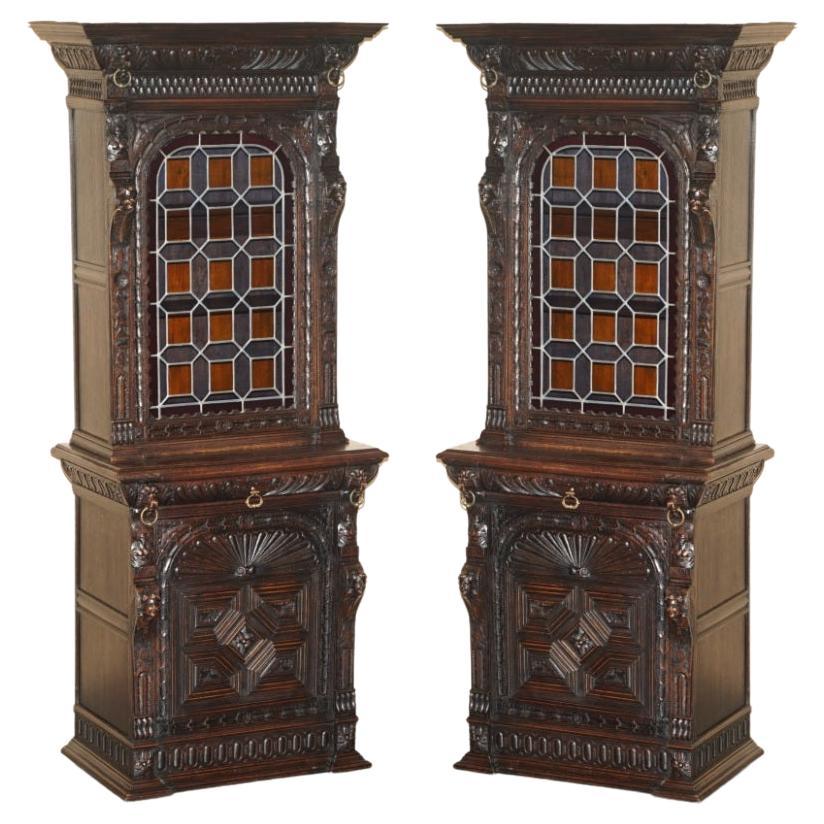 PAIR OF ANTiQUE VICTORIAN JACOBEAN GOTHIC REVIVAL STAINED GLASS BOOKCASES, 1860