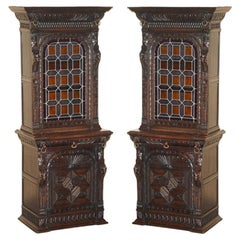 Pair of Antique Victorian 1860 Jacobean Gothic Revival Stained Glass Bookcases