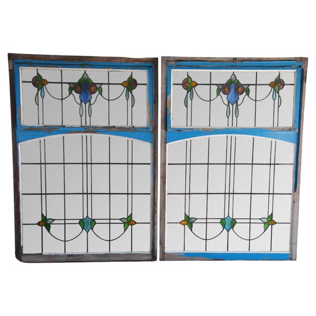 Victoria Large Rectangular Window Set 14 Antique English Victorian Arched Geometric Leaded Stained Glass ...