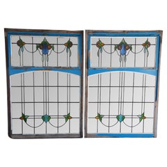 Pair of Antique Victorian Art Nouveau Leaded Stained Glass Windows Arch Transom