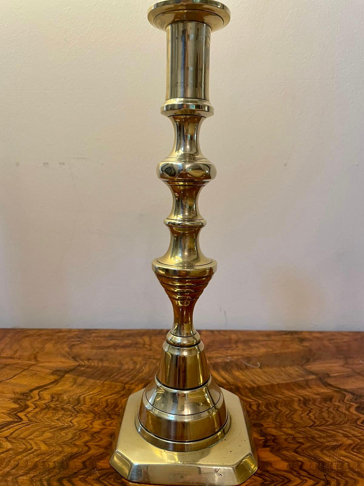 Pair of antique Victorian brass candlesticks having a beehive and diamond shaped column raised on a shaped steeped base.

In lovely original condition.

Measures: H 23cm
W 8.5cm
D 8cm 
Date 1860.


   