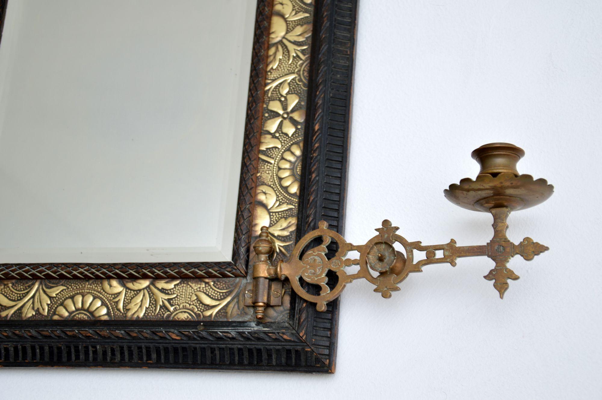 Pair of Antique Victorian Brass & Wood Mirrors For Sale 1