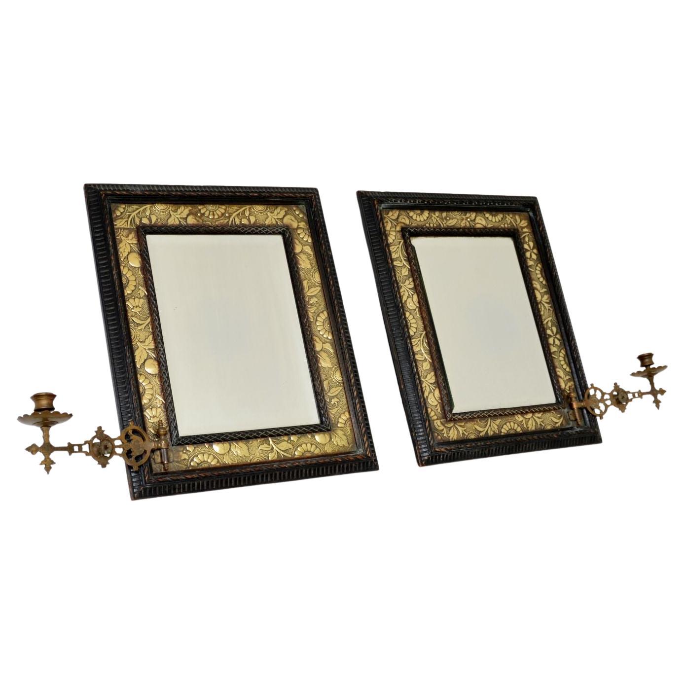 Pair of Antique Victorian Brass & Wood Mirrors For Sale