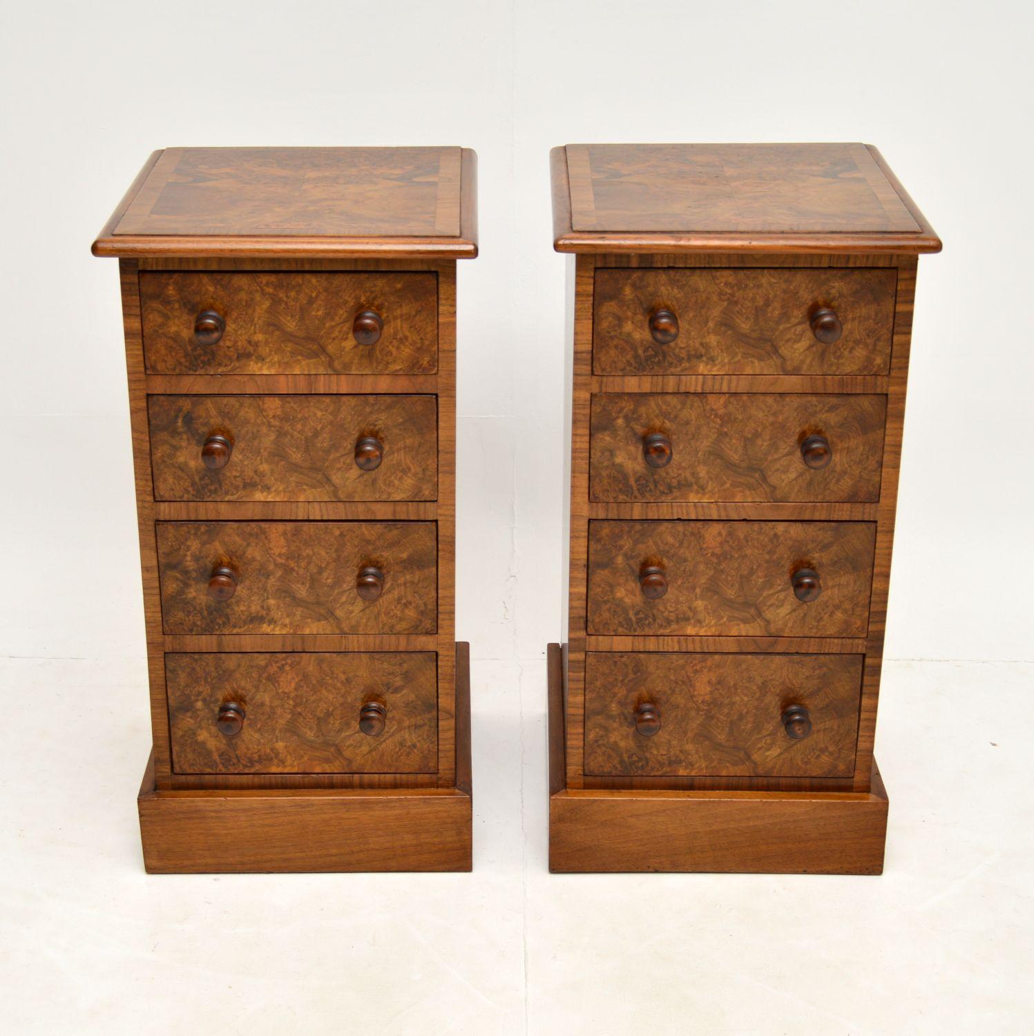 A beautiful and very useful pair of antique bedside chests, beautifully finished in burr walnut.

We have had them partially re-constructed from a parts of an antique dressing chest, they are a stunning burr walnut and they have had new walnut