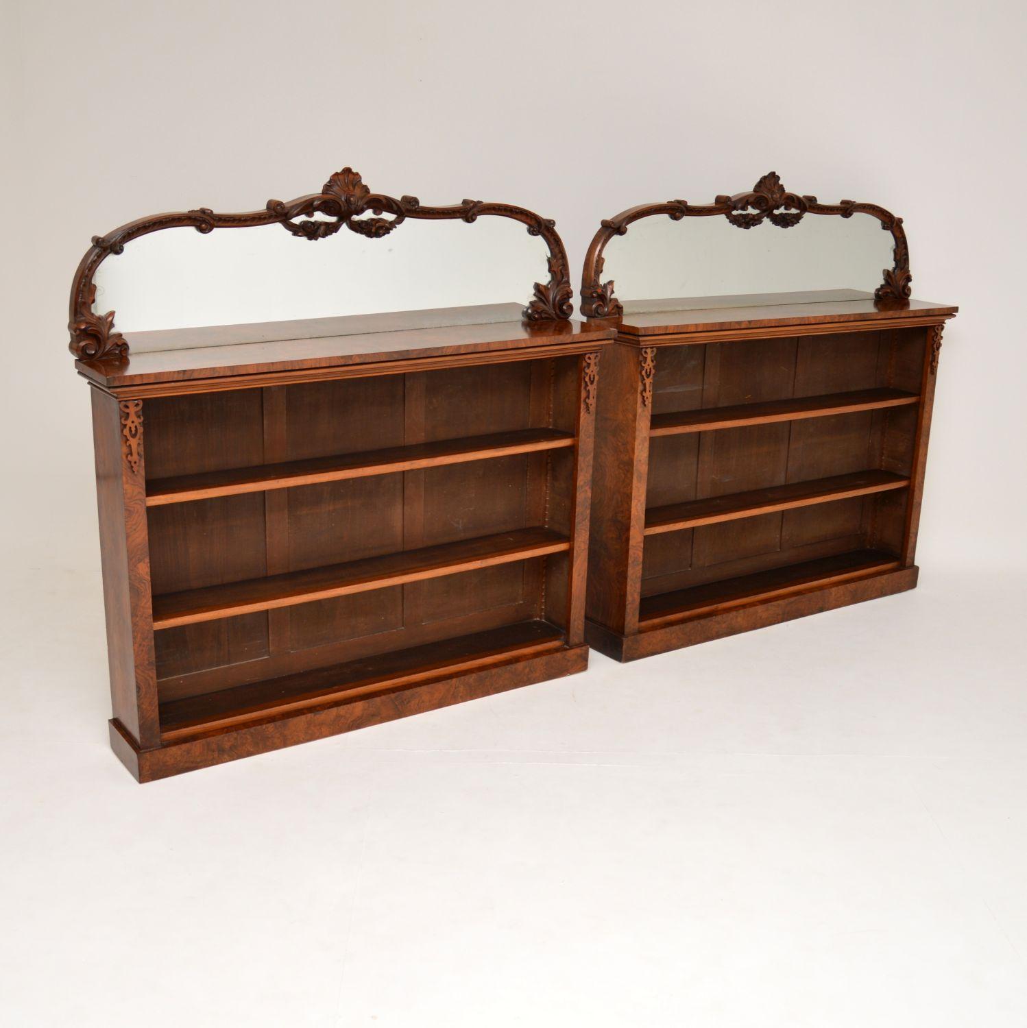 Stunning & rare pair of antique early Victorian burr walnut open bookcases with original mirrored backs. They are in excellent original condition & date from around the 1860-70’s period.

One on it’s own would be very nice, but to find a pair with