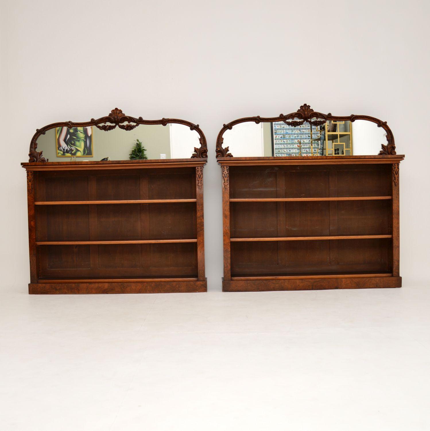 English Pair of Antique Victorian Burr Walnut Mirrored Bookcases