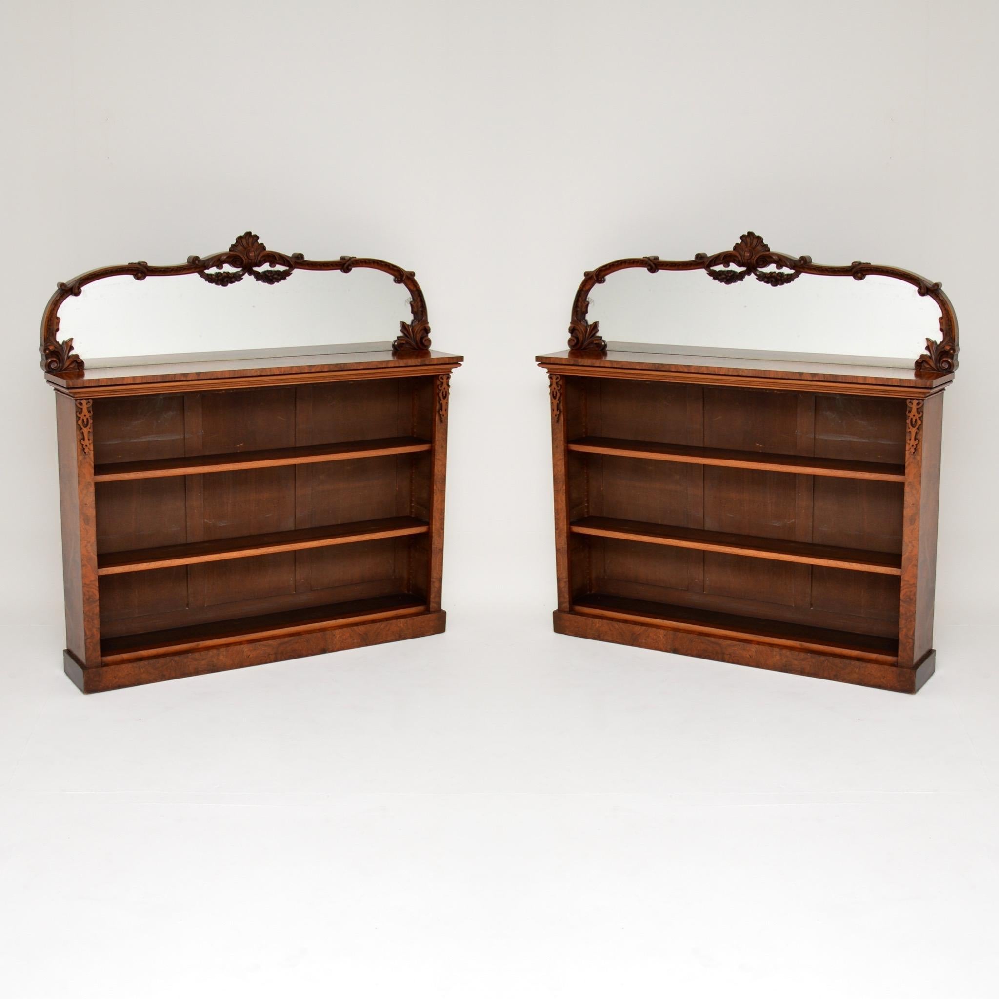 Stunning and rare pair of antique early Victorian burr walnut open bookcases with original mirrored backs. They are in excellent original condition and date from circa 1860s-1870s period.

One on it’s own would be very nice, but to find a pair
