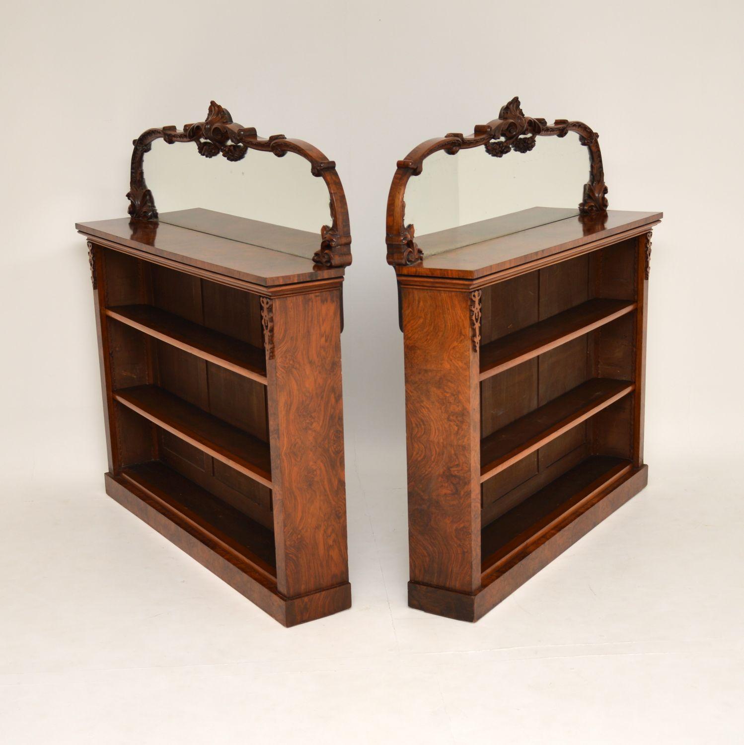 19th Century Pair of Antique Victorian Burr Walnut Mirrored Bookcases