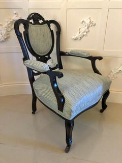 Pair of Antique Victorian Carved Black Lacquered Library Chairs