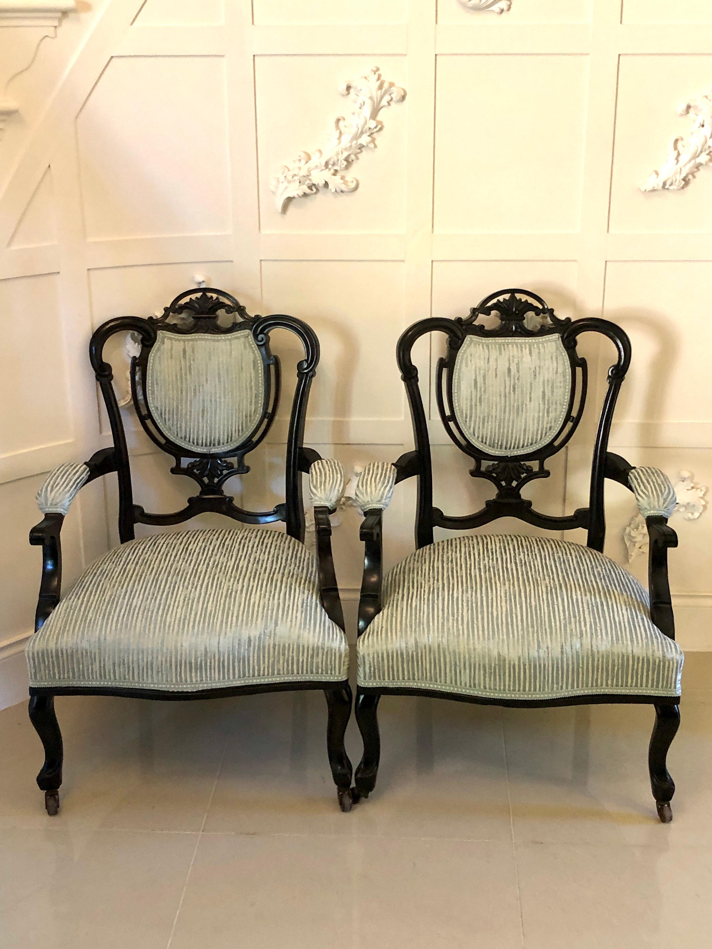 Pair of Antique Victorian Carved Black Lacquered Library Chairs In Excellent Condition For Sale In Suffolk, GB