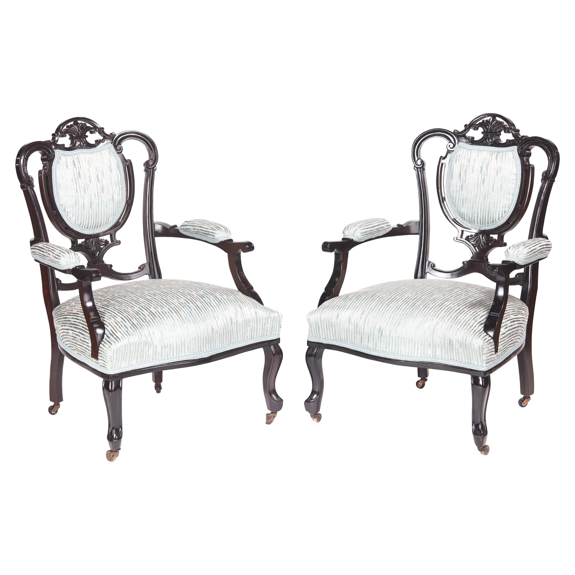 Pair of Antique Victorian Carved Black Lacquered Library Chairs