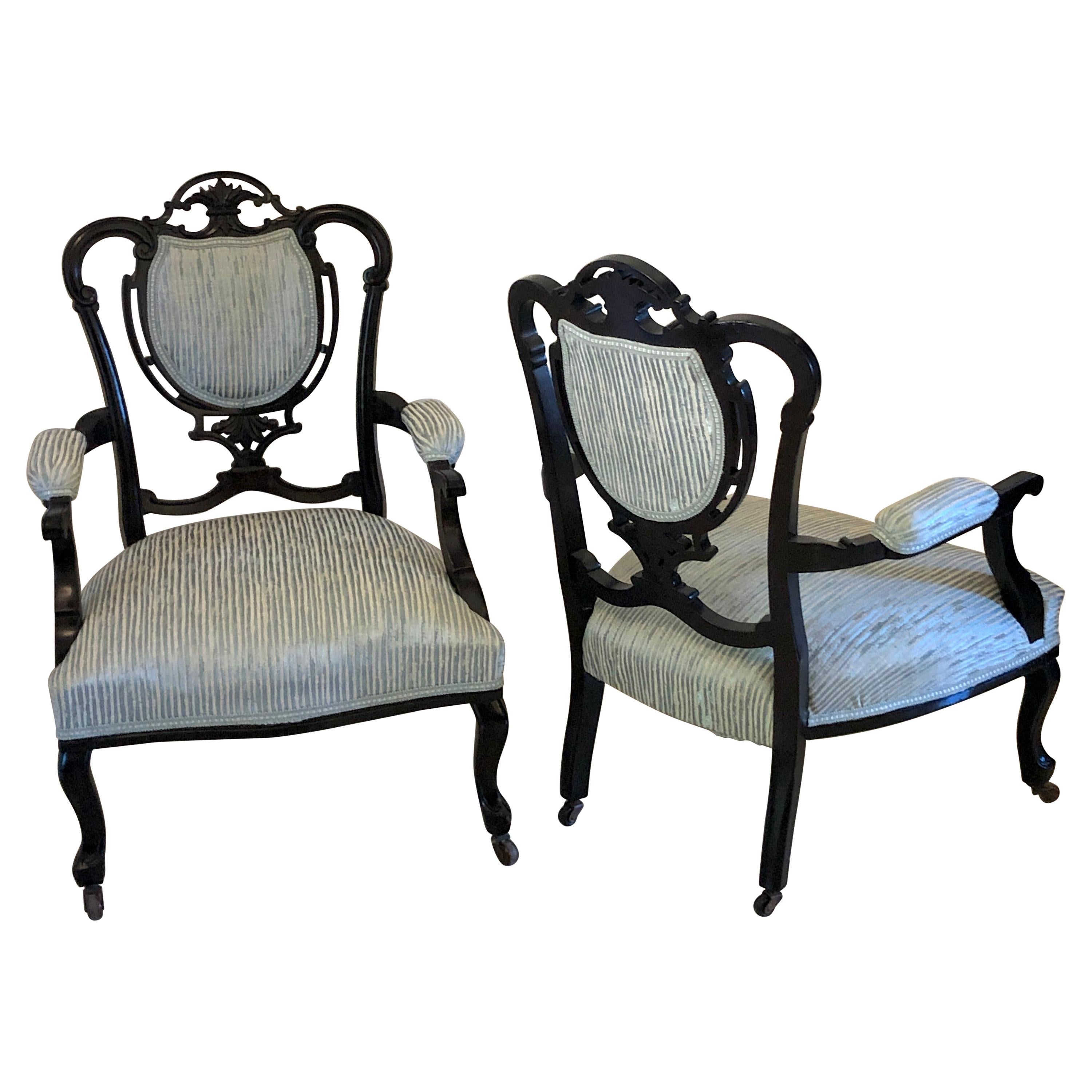 Pair of Antique Victorian Carved Black Lacquered Library Chairs For Sale