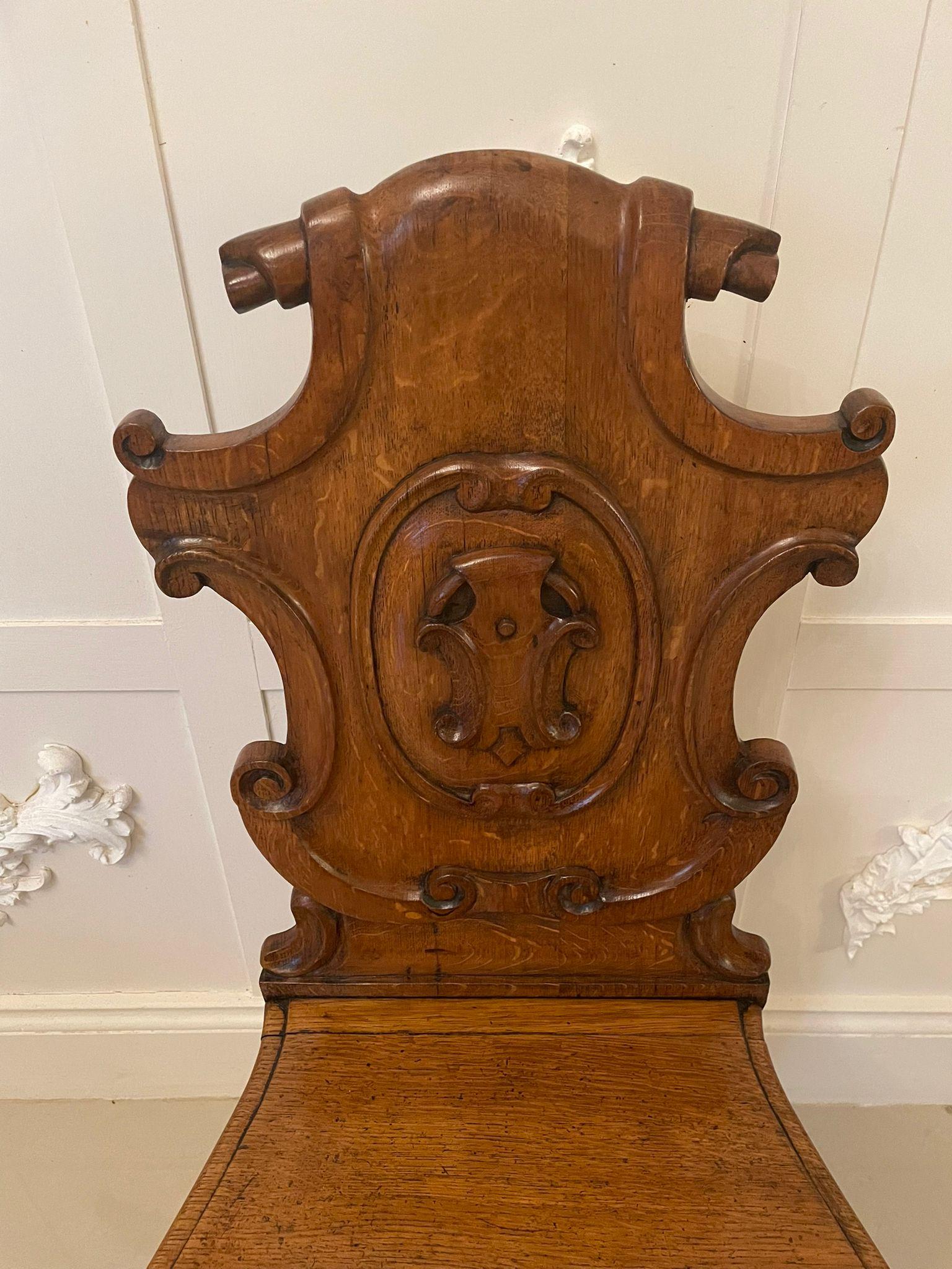 Pair of Antique Victorian Carved Oak Hall Chairs For Sale 2