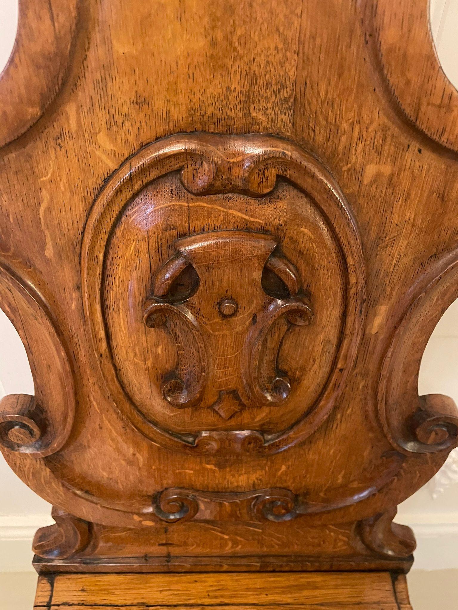 Pair of Antique Victorian Carved Oak Hall Chairs For Sale 3