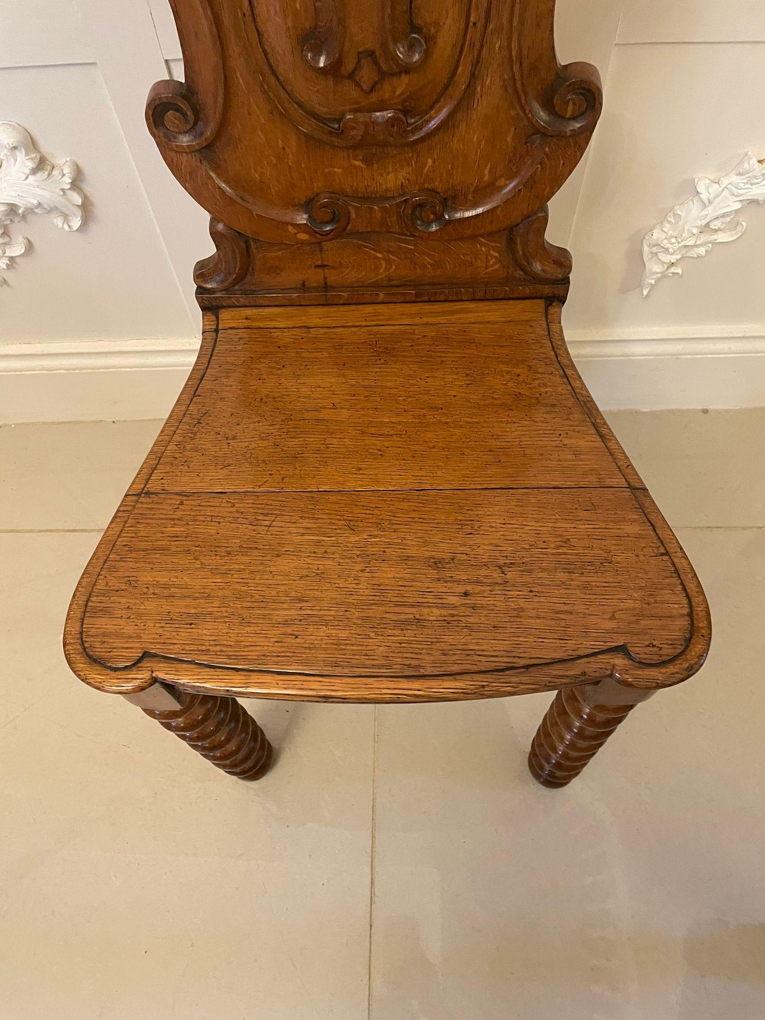 Pair of Antique Victorian Carved Oak Hall Chairs In Good Condition For Sale In Suffolk, GB