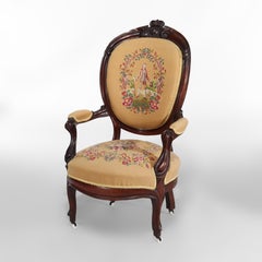 Pair of Antique Victorian Carved Walnut Needlepoint Parlor Chairs c1890