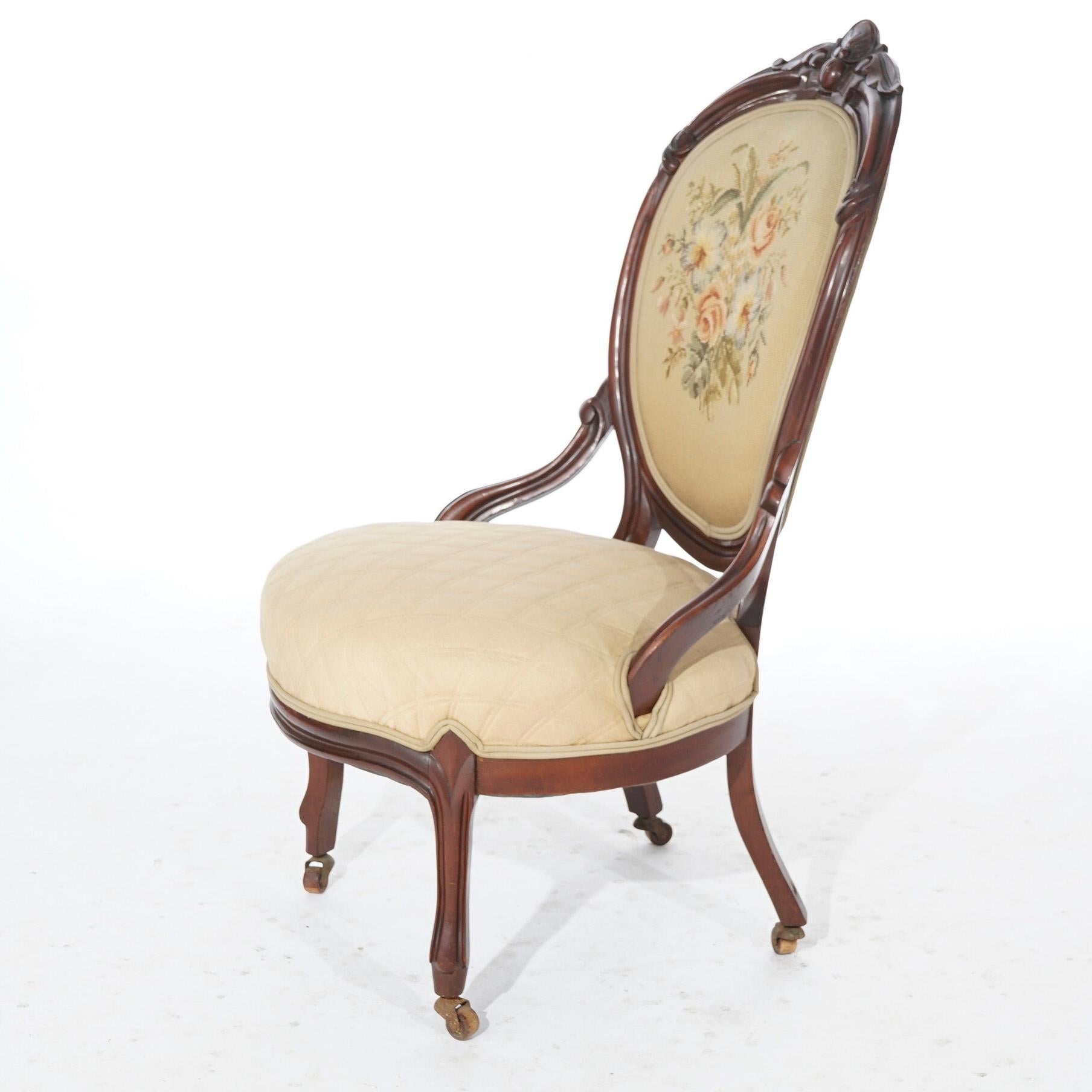 Pair of Antique Victorian Carved Walnut & Needlepoint Parlor Chairs, Circa 1890 7