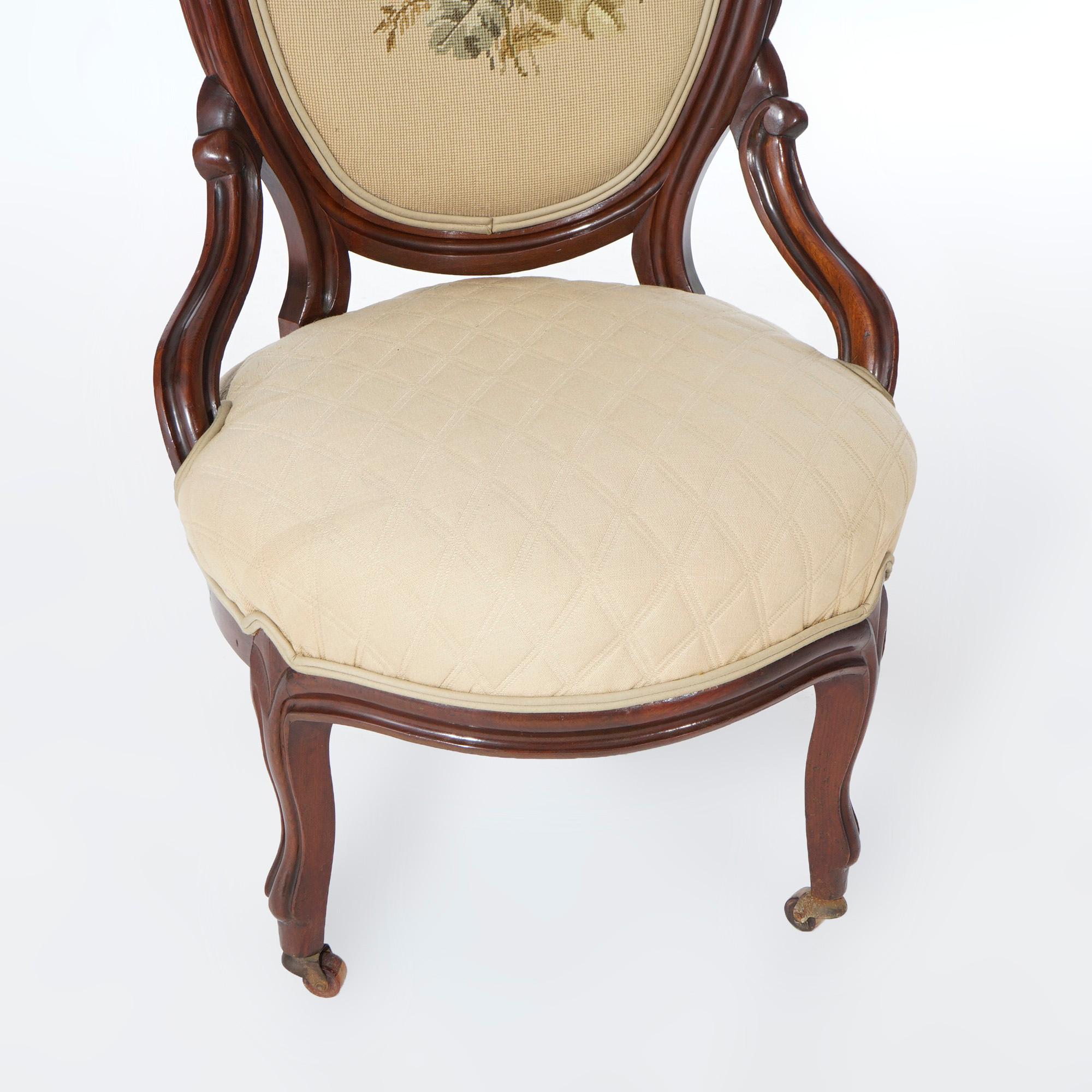 Pair of Antique Victorian Carved Walnut & Needlepoint Parlor Chairs, Circa 1890 11
