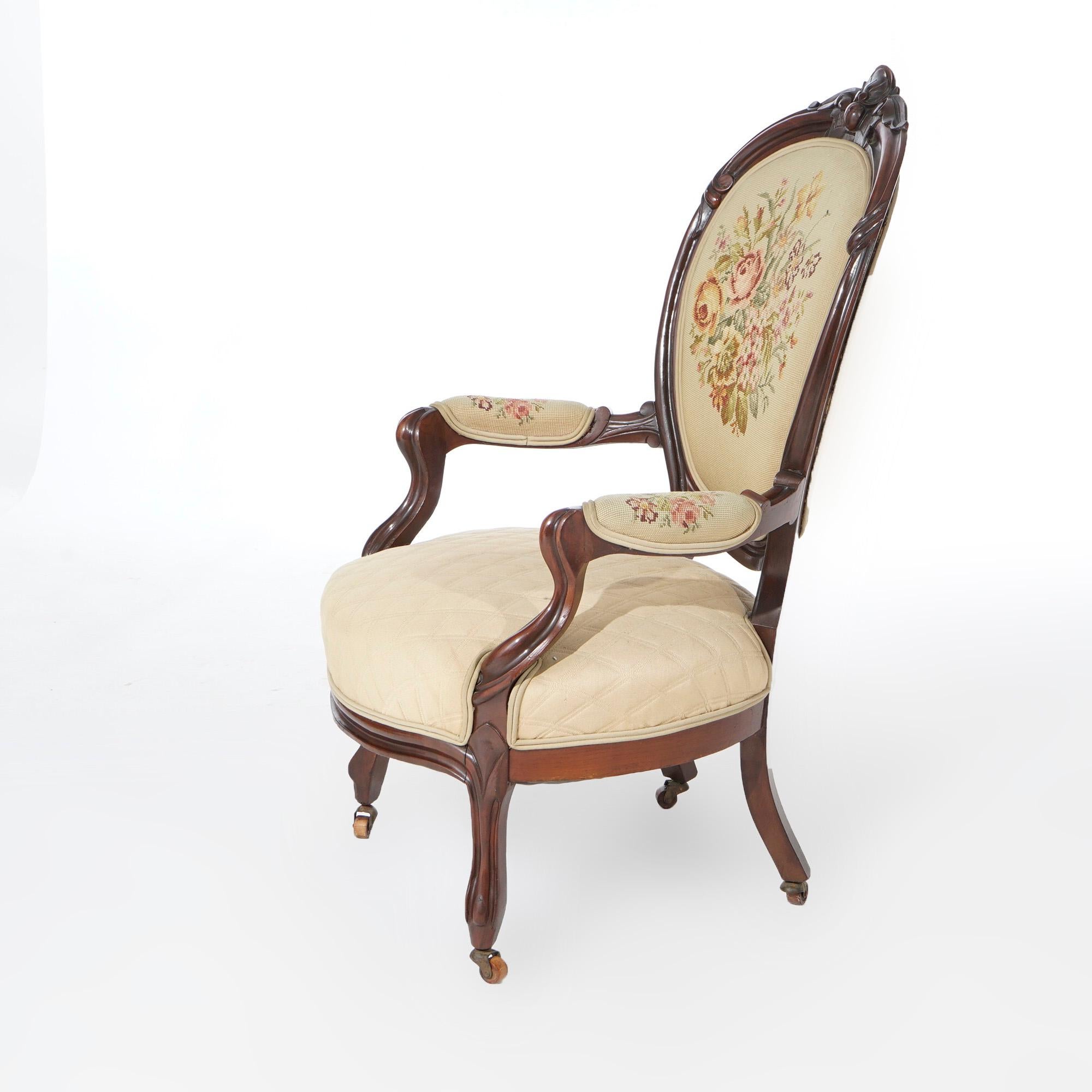 American Pair of Antique Victorian Carved Walnut & Needlepoint Parlor Chairs, Circa 1890