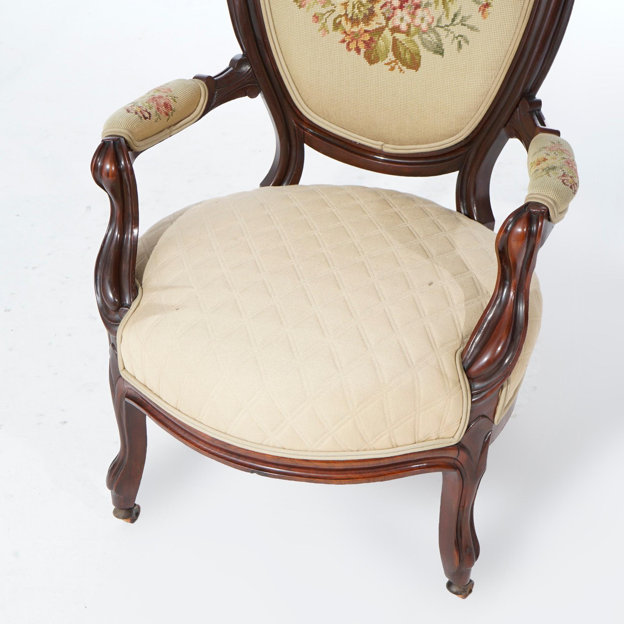 Pair of Antique Victorian Carved Walnut & Needlepoint Parlor Chairs, Circa 1890 3