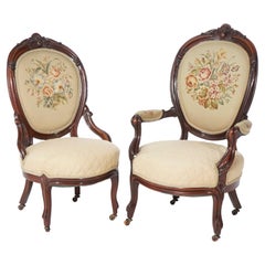 Pair of Antique Victorian Carved Walnut & Needlepoint Parlor Chairs, Circa 1890