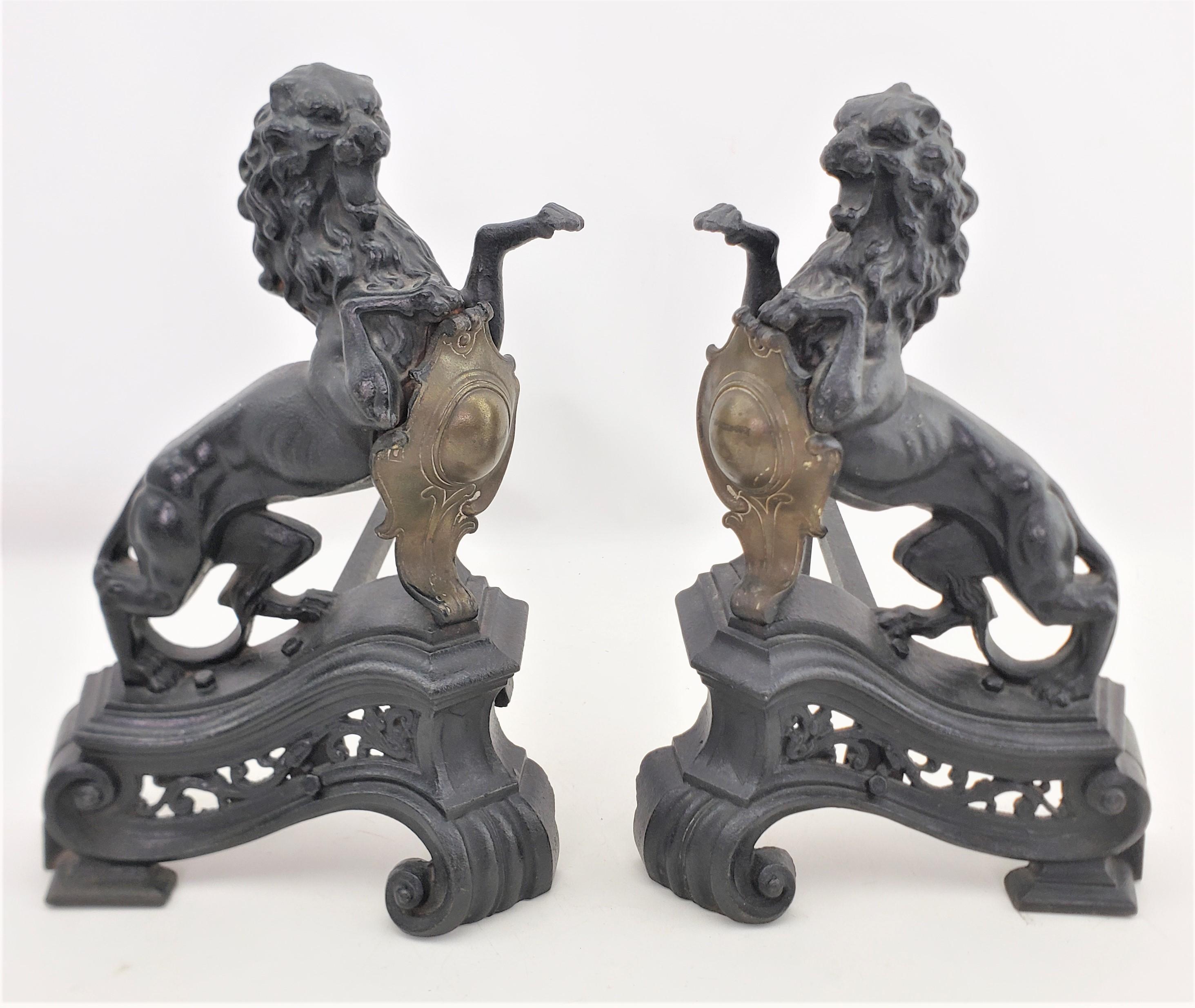 Pair of Antique Victorian Cast Iron and Brass Figural Roaring Lion