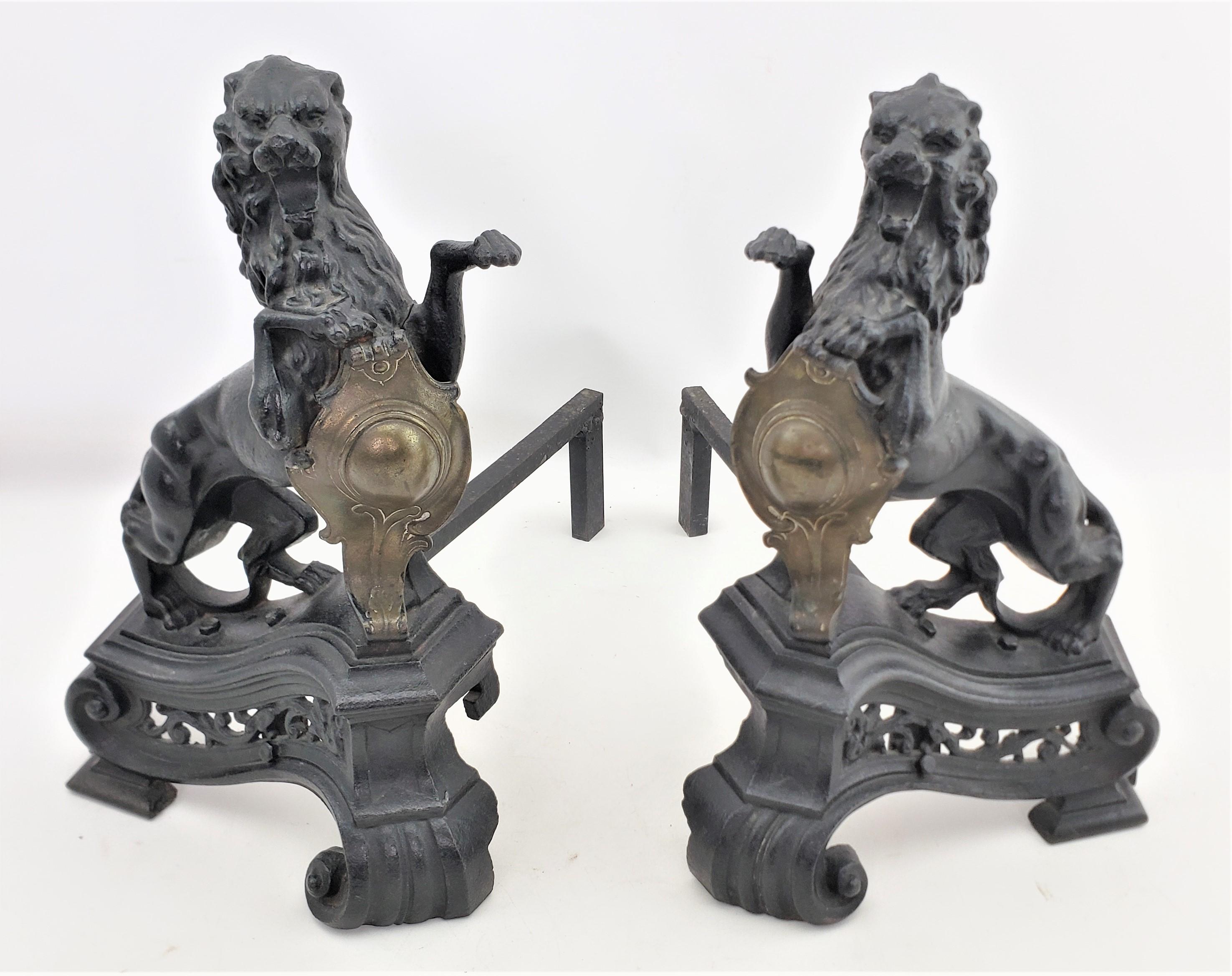 English Pair of Antique Victorian Cast Iron & Brass Figural Roaring Lion Andirons For Sale