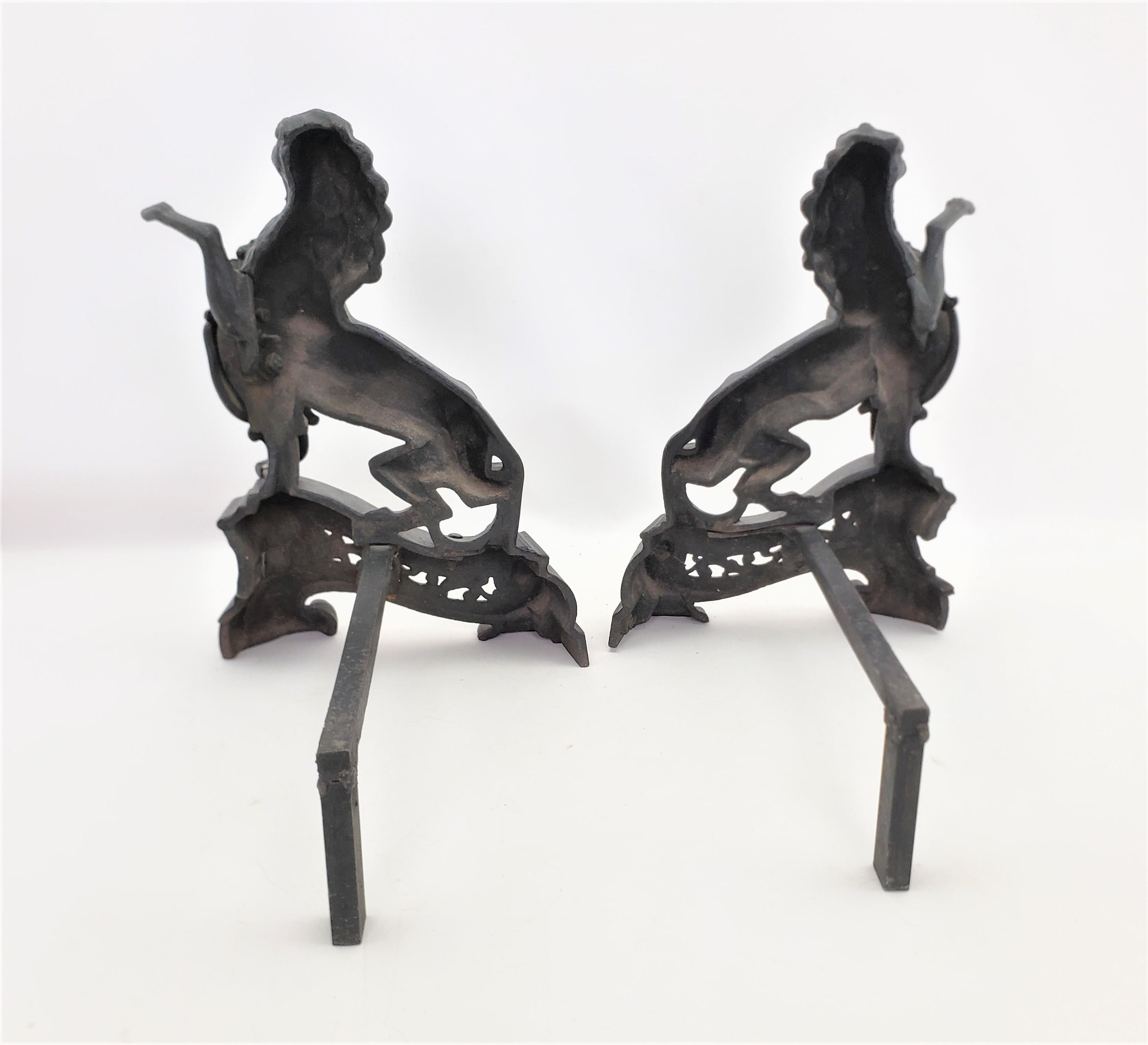 19th Century Pair of Antique Victorian Cast Iron & Brass Figural Roaring Lion Andirons