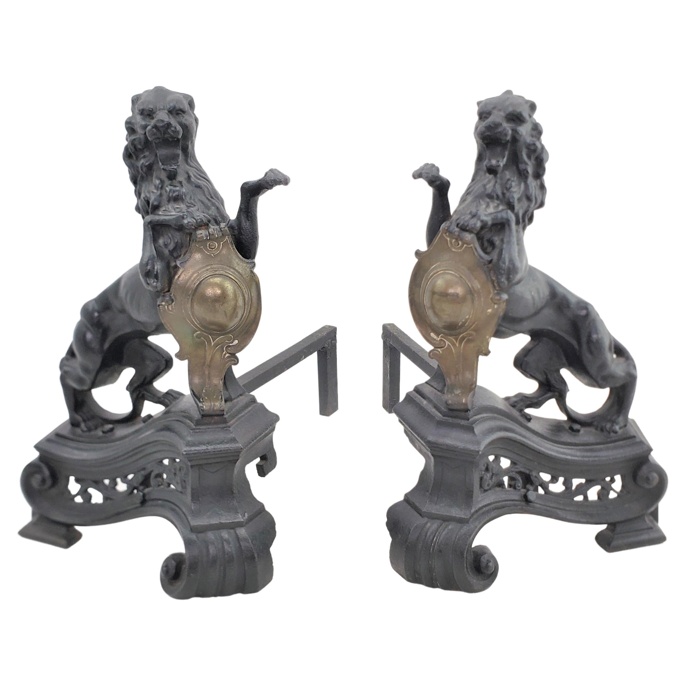 Pair of Antique Victorian Cast Iron & Brass Figural Roaring Lion Andirons For Sale